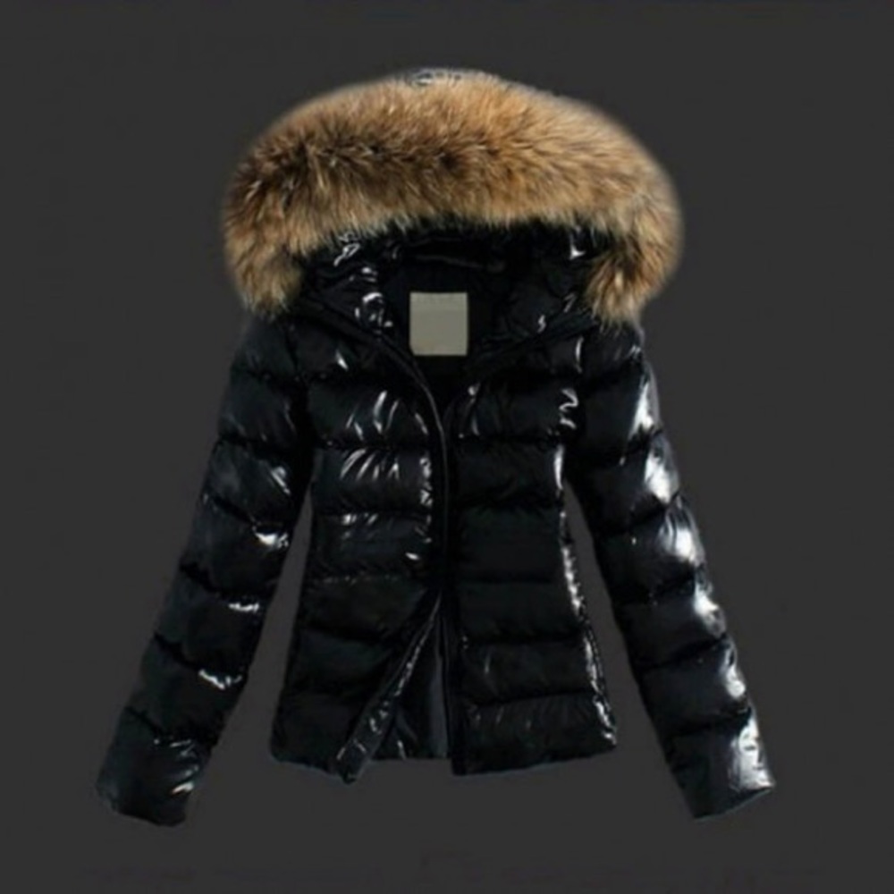 Black bubble coat fur hood size Large NEW